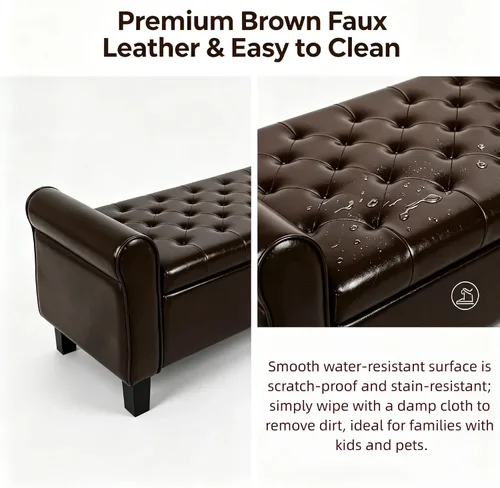 Vista 5 de 51 Inch Brown Faux Leather Storage Ottoman Bench with Rolled Armrests Leather-brown-51 Inch