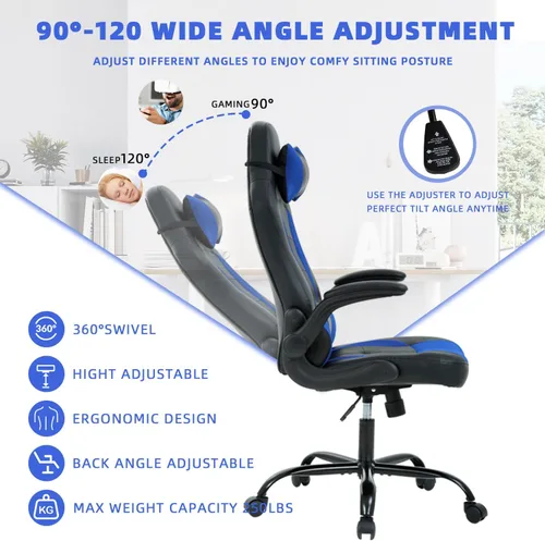 Vista 6 de Silla de videojuegos de respaldo alto, silla de computadora con reposacabezas y soporte lumbar, silla de computadora de altura ajustable, silla
