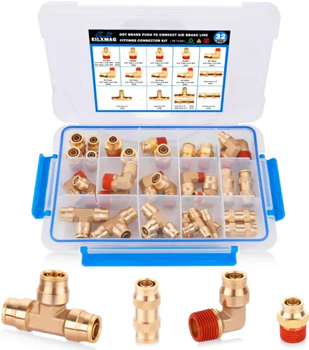 Vista 7 de 32 piezas de accesorios de línea de freno de aire de latón DOT surtido de 1/4" 3/8" 1/2" kit de accesorios de línea de aire de empuje para conectar