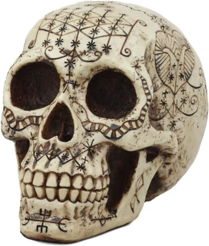 Vista 2 de Ebros Erzulie Freda Veve Haitiano Antiguo Vudú Hechizos de Amor Romance Talismán Tatuaje Cráneo Estatua Gótica Cráneo Lwas Voudou Loa del Amor Día