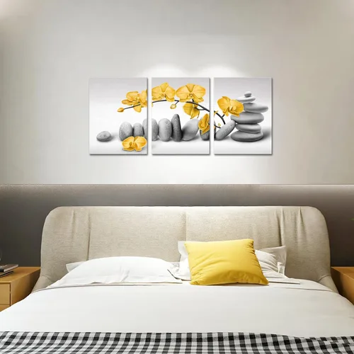 Vista 5 de Artmyharbor Arte de pared de orquídea zen, imágenes de flores amarillas, para baño, piedra gris, para sala de meditación de spa, 12 x 16 pulgadas