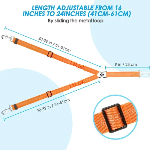 Vista 14 de SlowTon - Cinturón de seguridad doble para perro con amortiguador elástico ajustable Dual Dog Seatbelt Splitter for Two Dogs, Reflective, No