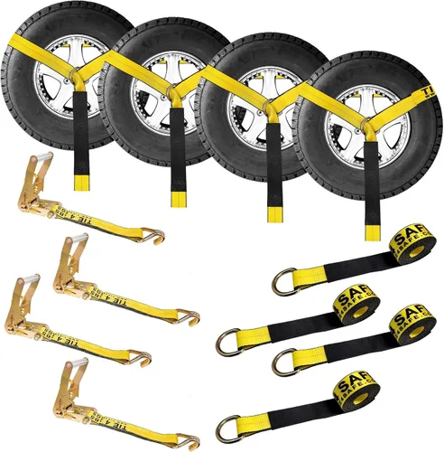 Vista 16 de Mega Cargo Control Juego de 4 correas de lazo de anillo D de elevación de rueda de 2 pulgadas x 10 pies con (4) trinquetes de 2 pulgadas, (4)