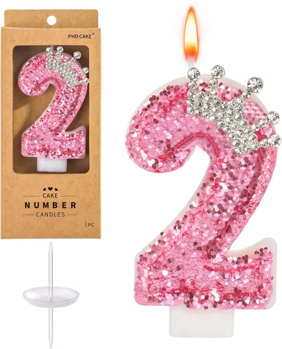 Vista 9 de PHD CAKE Velas con números de cumpleaños, velas de cumpleaños de corona rosa para pastel, velas con purpurina número 0 con lentejuelas para niñas