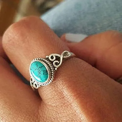 Vista 4 de Turquoise Moonstone Ring Women's 925 Sterling Silver Ring Oval Cut Natural Bohemia Turquoise Jewelry Birthday Proposal Hollow Engagement Party Band