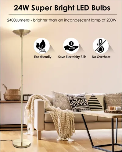 Vista 2 de Torchiere - Lámpara de pie dorada, 30 W, súper brillante, lámpara de pie LED, lámpara de poste regulable sin escalones de 3000 K con interruptor