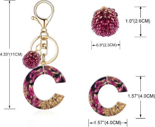 Vista 2 de OKAICEN Llavero con letra inicial del alfabeto para mujeres y niñas, diseño de gomphrena globosa secas, llavero para bolso y bolso