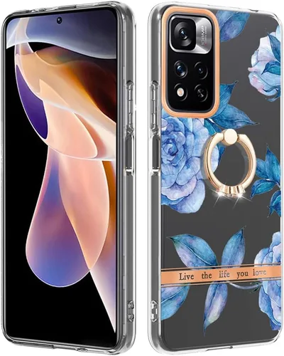 Vista 9 de ONV Funda de silicona para Redmi Note 11 Pro 5G – Funda con anillo de metal con purpurina de lujo con flor pintada con flores, funda delgada