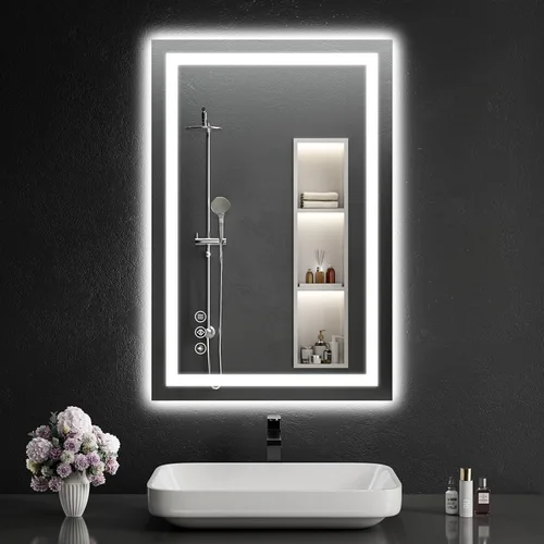 Vista 19 de Espejo de baño LED de 30 x 48 pulgadas con luces, regulable, antivaho, espejo de tocador de baño para pared, retroiluminado + luz frontal, función