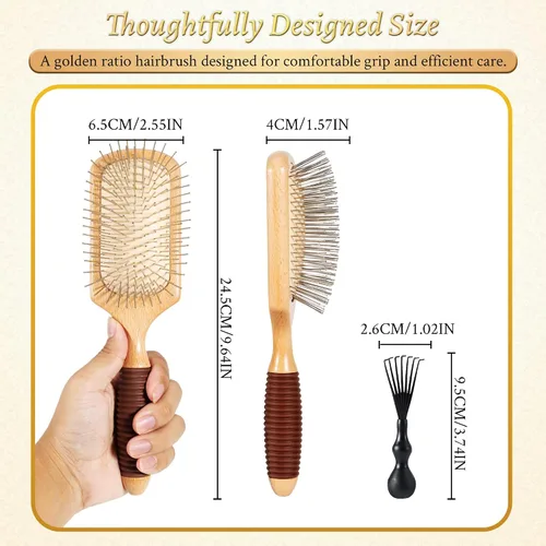 Vista 8 de BFWood Cepillo de pelo de paleta con cerdas de acero, cepillo de pelo de metal, ayuda al crecimiento del cabello y masaje del cuero cabelludo