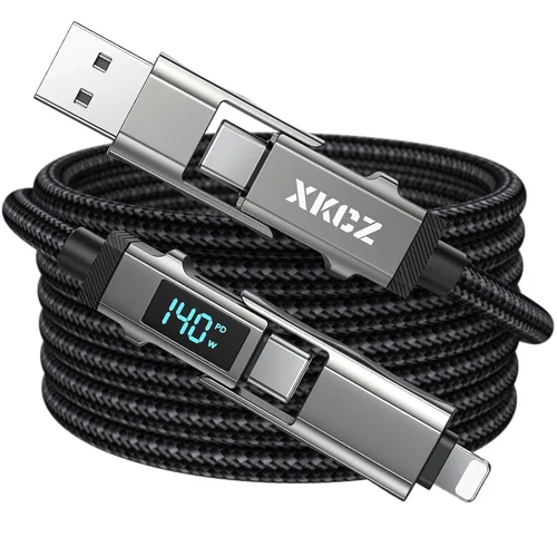 Vista 8 de Cable USB C 4 en 1 con pantalla de vatios, cable de carga múltiple trenzado de nylon redondo de 65W con sincronización de datos, combo de cable