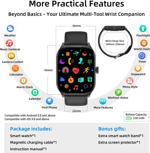 Vista 7 de Smart Watch, GPS & Free Maps, 1.96" HD Screen, AI, Bluetooth Call & Text