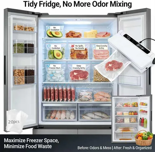 Vista 5 de Máquina selladora al vacío de alimentos, succión fuerte de 75 KPA, modos seco/húmedo, 20 bolsas incluidas, temporizador digital de cuenta regresiva