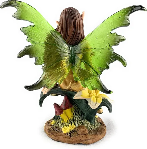 Vista 2 de Ain't It Nice Figura de hadas verde con alas transparentes y calcetines a rayas coloridas, disfrutando de la naturaleza rodeada de flores, escultura