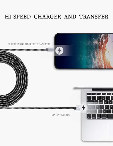 Vista 8 de Cable USB tipo C de carga rápida, Tpc001, paquete de 5 (6 pies 3 A), cables de carga C trenzados compatibles con Samsung S10e/note 9/s10/s9/s8