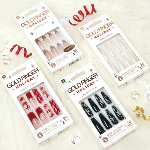Vista 6 de Gold Finger 24 piezas de uñas postizas festivas – Uñas falsas de ataúd cuadrado, ovaladas, con punta francesa de Navidad, larga duración