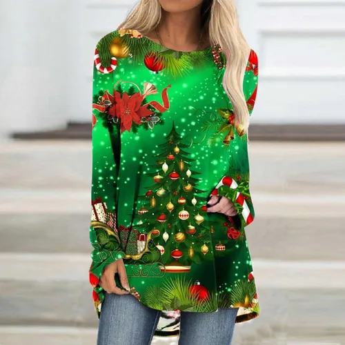 Vista 2 de Blusa de Navidad para mujer, estilo casual, de manga larga, cuello redondo, de moda, con estampado de árbol brillante