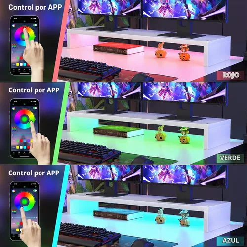 Vista 9 de Armocity Escritorio para computadora con luces LED, escritorio de 48 pulgadas con toma de corriente y USB, escritorio grande reversible con soporte