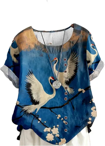 Vista 15 de domirica Flower Bird Printed Loose Boho Shirts Women Plus Size Summer Crew Neck Short Sleeve Blouses Colorido