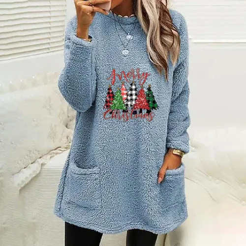 Vista 4 de Sudadera de sherpa para mujer, sudadera de Navidad con cuello redondo, sudadera gráfica de forro polar para invierno