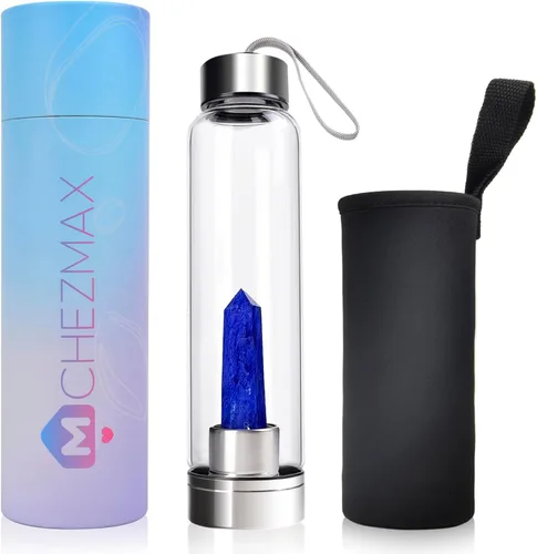 Vista 22 de ChezMax Botella de agua en cristal con centro de cristal natural intercambiable 18.6Oz, Natural Quartz Gemstone, Juice Container with Lid Sleeve