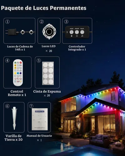 Vista 8 de Luces Permanentes para Exteriores, Luces de Navidad Inteligentes para Exteriores con IC+RGB 20 LED, Iluminación de Aleros Impermeable IP67 con 213