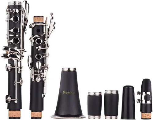 Vista 5 de Clarinete plano Bb para principiantes, clarinete para estudiantes de 17 teclas con 2 barriles y estuche kit completo de inicio para adultos, banda