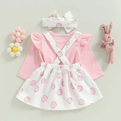Vista 3 de KOSUSANILL Disfraz de Pascua para bebé niña con volantes de manga larga y falda con tirantes de conejo, vestido geométrico, mi primer traje de Pascua