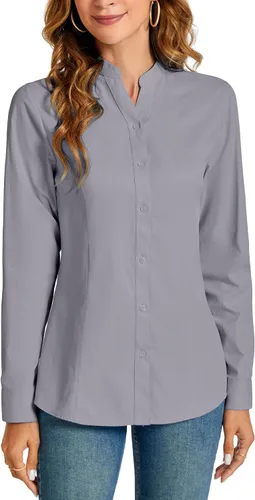 Vista 12 de Camisas básicas con botones para mujer, estilo ejecutivo informal, cuello, ropa de trabajo, camisa de vestir ajustada, blusa