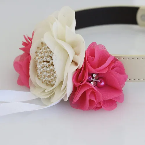 Vista 2 de Hot pink Ivory pearl beaded flower collar, dog ring bearer proposal XS XXL collar, handmade dog lover gift, puppy girl dog collar