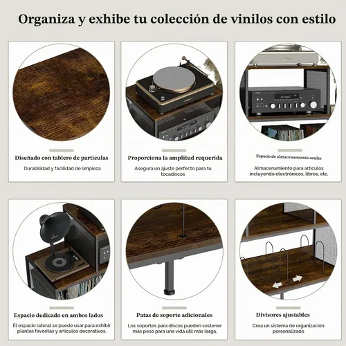 Vista 8 de Sonyabecca Espaciosa mesa de tocadiscos vintage – Capacidad para 150 – 250 álbumes de vinilo, divisores ajustables, áreas de visualización lateral