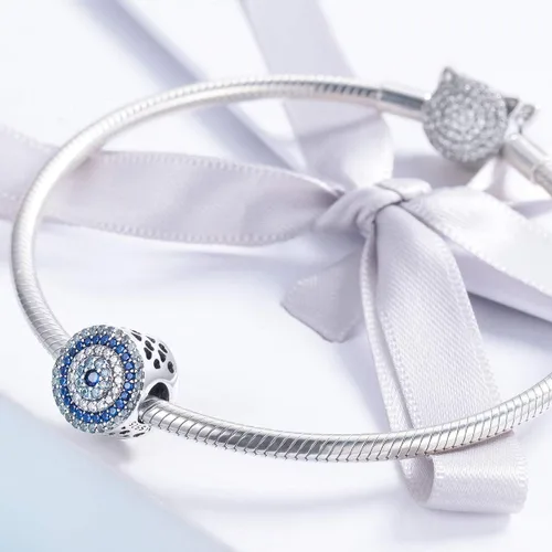 Vista 4 de BISAER Pulsera contra el mal de ojo de plata de ley 925, abalorios de cristal azul, dije de mano Hamsa para pulsera Pandora