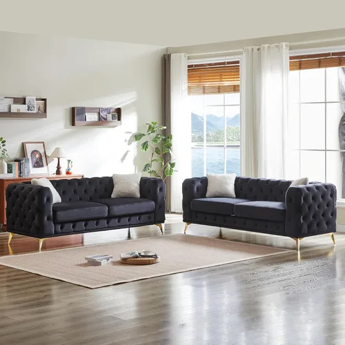Vista 24 de KEIKI Sofá Chesterfield de terciopelo de lujo extragrande de 61 pulgadas con 2 almohadas, estilo mediados de siglo, sofá de 2 plazas con botones