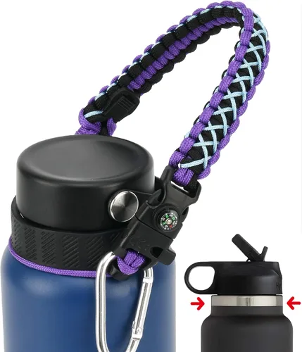 Vista 13 de Asa de cuerda de paracaídas para botellas Hydroflask 2.0 de boca ancha y estándar, con nuevo soporte de anillo de seguridad, 12oz - 64oz