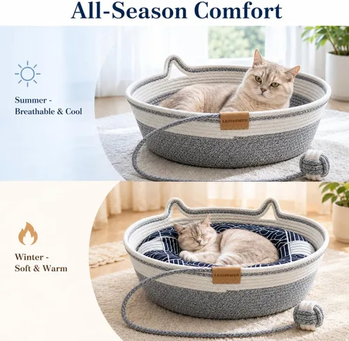 Vista 2 de Cesta de cama para gatos de interior Cuerda de algodón tejida a mano con Gris