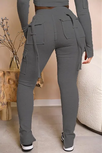 Vista 3 de Pantalones deportivos cargo para mujer, leggings acampanados Y2K con cintura elástica y dobladillo con abertura en la parte inferior acampanada