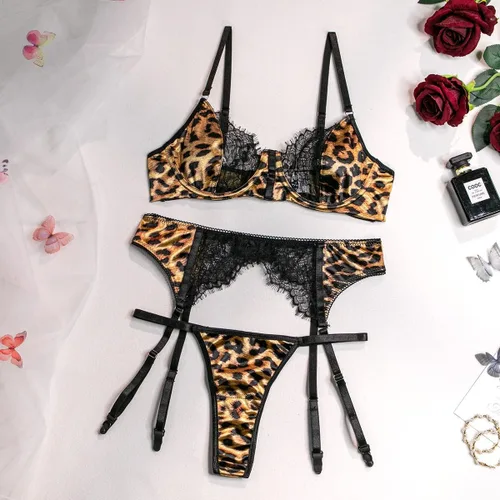 Vista 12 de Conjunto de lencería de liguero de leopardo para mujer, conjunto de brasier y braga sexy con liguero, 3 piezas