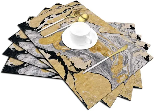 Vista 2 de Juego de 4 manteles individuales negros y dorados, con tinta de mármol negro, dorado, plateado, pintura abstracta, hermoso efecto gris, aguamarina