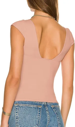Vista 3 de Camisetas cortas para mujer, sexy, sin espalda, cuello en V profundo, manga corta, Y2K, camiseta casual ajustada para verano