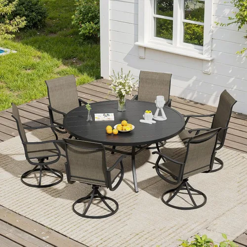Vista 57 de VICLLAX Muebles pequeños de exterior de 3 piezas, 2 sillas giratorias de patio y mesa redonda pequeña para 2, sillas de carbón oscuro y negro