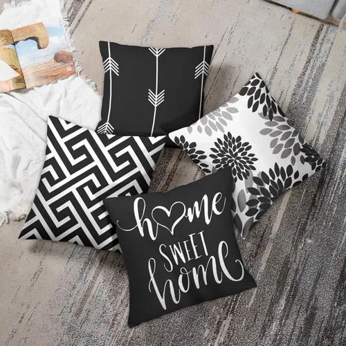 Vista 4 de Emvency Juego de 4 fundas de almohada modernas geométricas abstractas en negro, blanco y gris, diseño de flechas florales dulces, fundas de almohada