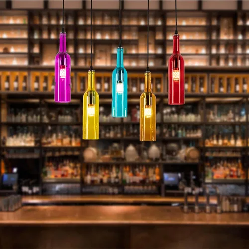 Vista 7 de Lámpara de techo industrial retro creativa con 5 luces para botella de vidrio, iluminación colgante de botella de vino de colores para cafetería