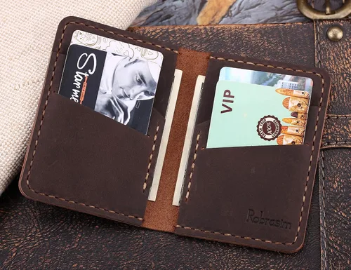 Vista 5 de Cartera de cuero plegable hecha a mano - cartera de cuero minimalista de la tarjeta de crédito