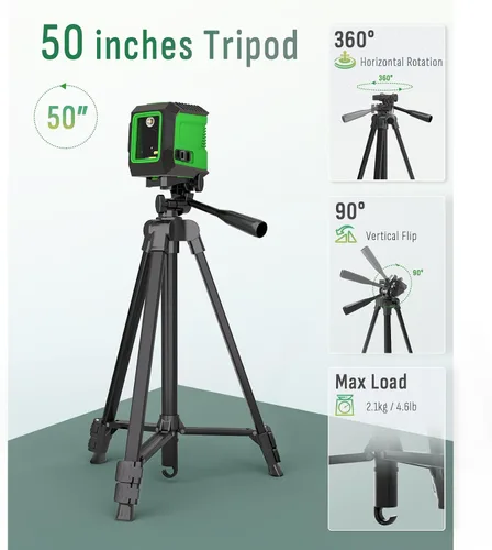 Vista 4 de Nivel láser con trípode de 50 pulgadas, nivel láser de línea cruzada autonivelante de 360°, herramienta niveladora de línea horizontal y vertical