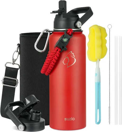 Vista 8 de BUZIO Botella de agua de 32 onzas aislada con popote y 3 tapas y bolsa de transporte, a prueba de fugas, frasco jarra de agua de acero inoxidable