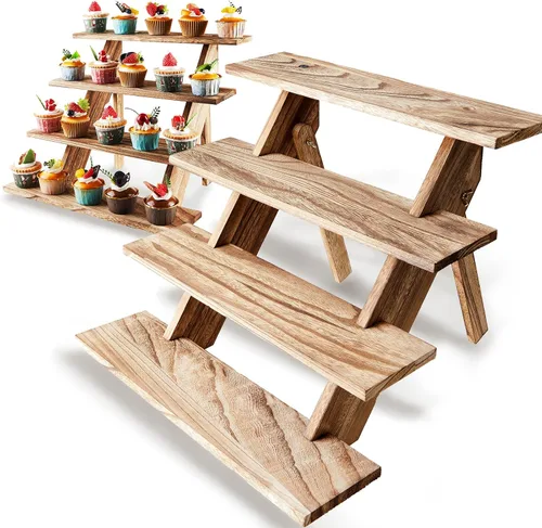 Vista 6 de Soporte de madera de acacia para cupcakes de 4 niveles de madera rústica para cupcakes para bodas, fiestas y postres