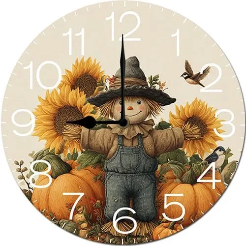 Vista 7 de Preciosas calabazas espantapájaros con hojas de otoño, reloj de cosecha de Hello Fall para sala de estar, reloj de pared redondo de 10 pulgadas