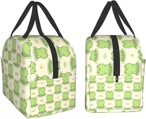 Vista 4 de Lonchera con diseño de rana y libélula, lonchera con aislamiento, reutilizable, impermeable, con bolsillo frontal para oficina, picnic, senderismo