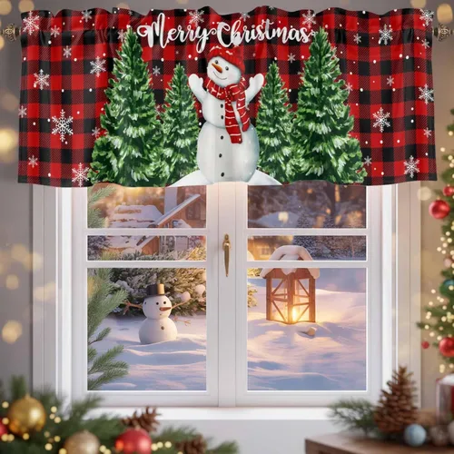 Vista 64 de Cenefa de cortina con lazo rojo de Navidad para ventanas, sala de estar, cocina, baño, granja, bolas de Navidad de acuarela con diseño de bayas