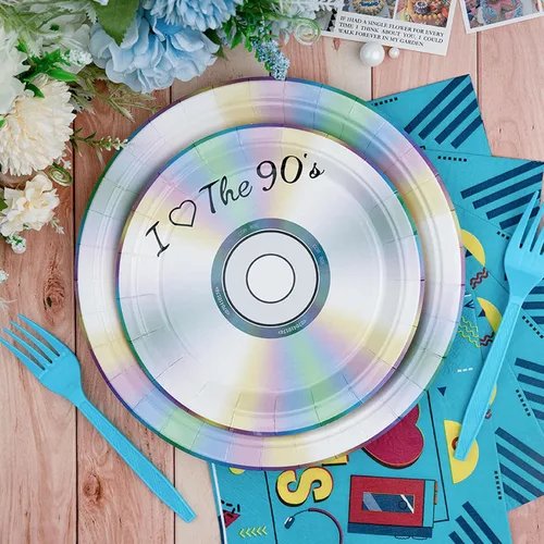 Vista 3 de Vajilla para decoración de fiestas temáticas de los años 90, suministros retro para fiestas de cumpleaños de los 90, incluye platos, tenedores